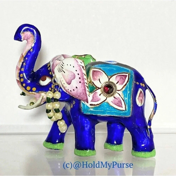Meenakari Enamel on Sterling Silver Elephant Figurine w/ Mini Travel Jewelry Bag - Picture 7 of 8